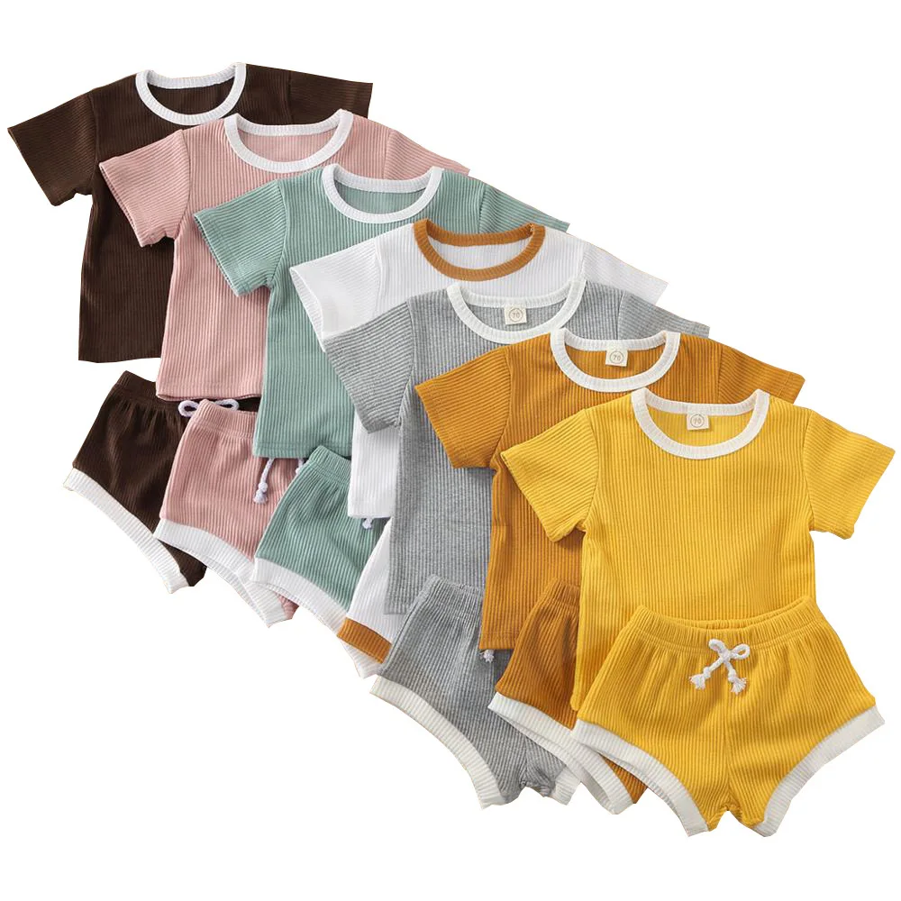 

Cotton Clothing Sets Toddler Kids Baby Boys Girls Solid Baby Summer Ribbed Knitted Short Sleeve T-shirts Shorts Bottoms Outfits, Picture