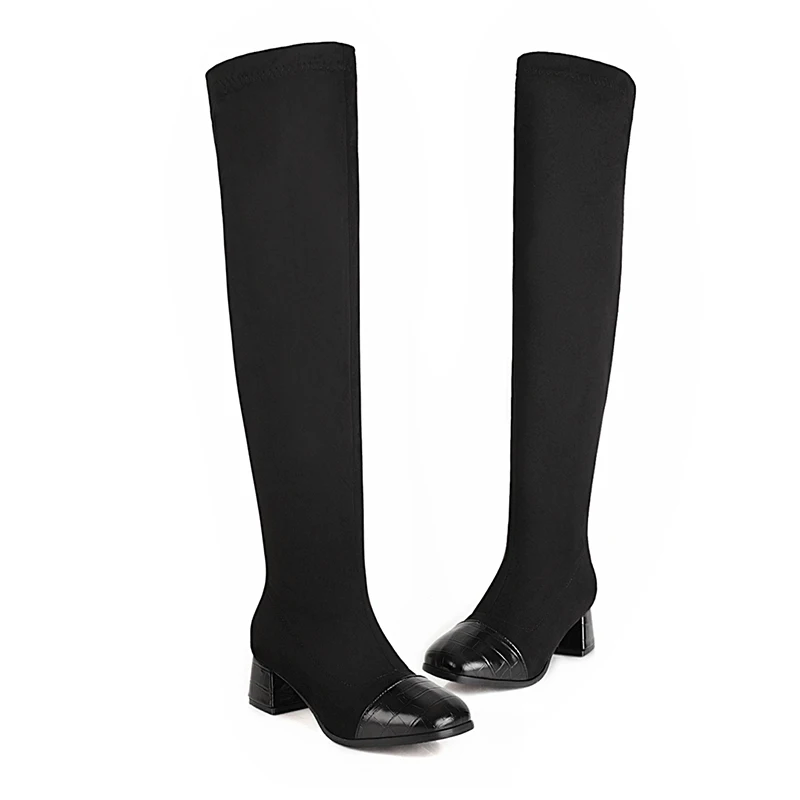 

New Casual Square Head Leather Patchwork Splicing Thick Heel Over-the-Knee Black Winter Boots for Ladies