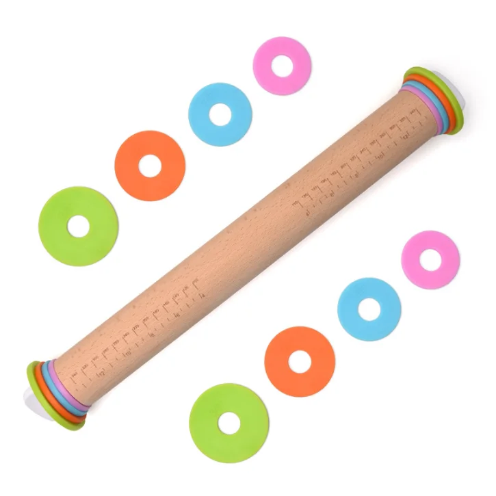 

Factory Wholesale wooden rolling pin With 4 Removable Thickness Rings adjustable wood rolling pin, Natural color
