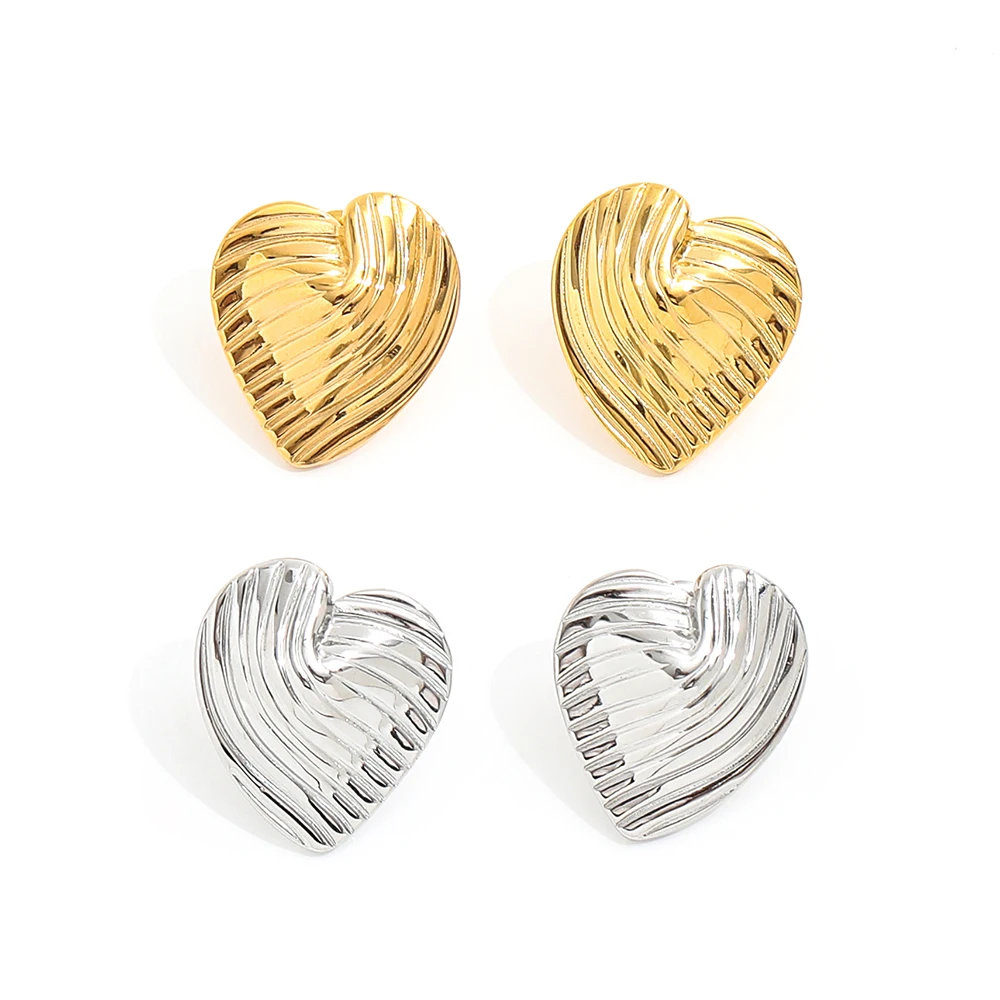 High-End PVD 18K Gold Plated Stainless Steel Jewelry Waterproof Trendy Geometric Line Texture Heart Stud Earring for Anniversary