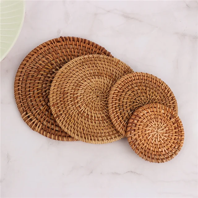

Fashion Hand-woven Round Wooden Thermal Insulation Decorative Tea Coaster Kitchen Accessories, As show