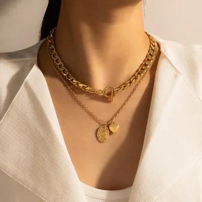 

Hip Hops Jewelry Gold Plated Cuban Chain Circle Round Pendant Necklace Layered Link Chain Heart Necklace For Punk Girls