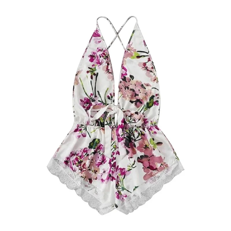 

Women's Lace Lingerie Jumpsuit Floral Sleepwear 1-piece Pajama Deep V-neck Bow Lace-up Printed Loose Jumpsuit