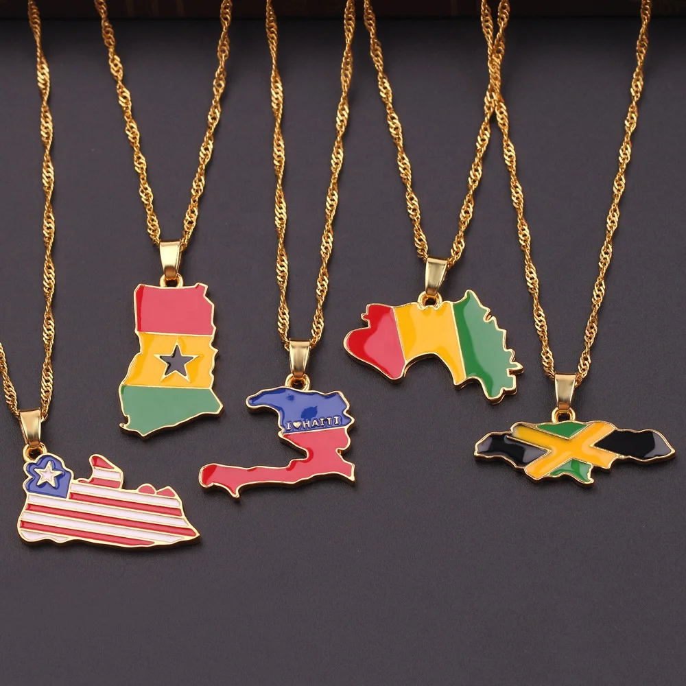 

18K Gold Plated World Map Necklace Wholesale Fashion Enamel Ghana Haiti African Map Necklace