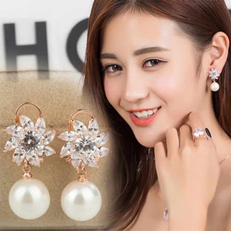

Factory Women rose gold plating clear cubric zircon stud for girl round pearl stud earring, 1 color available