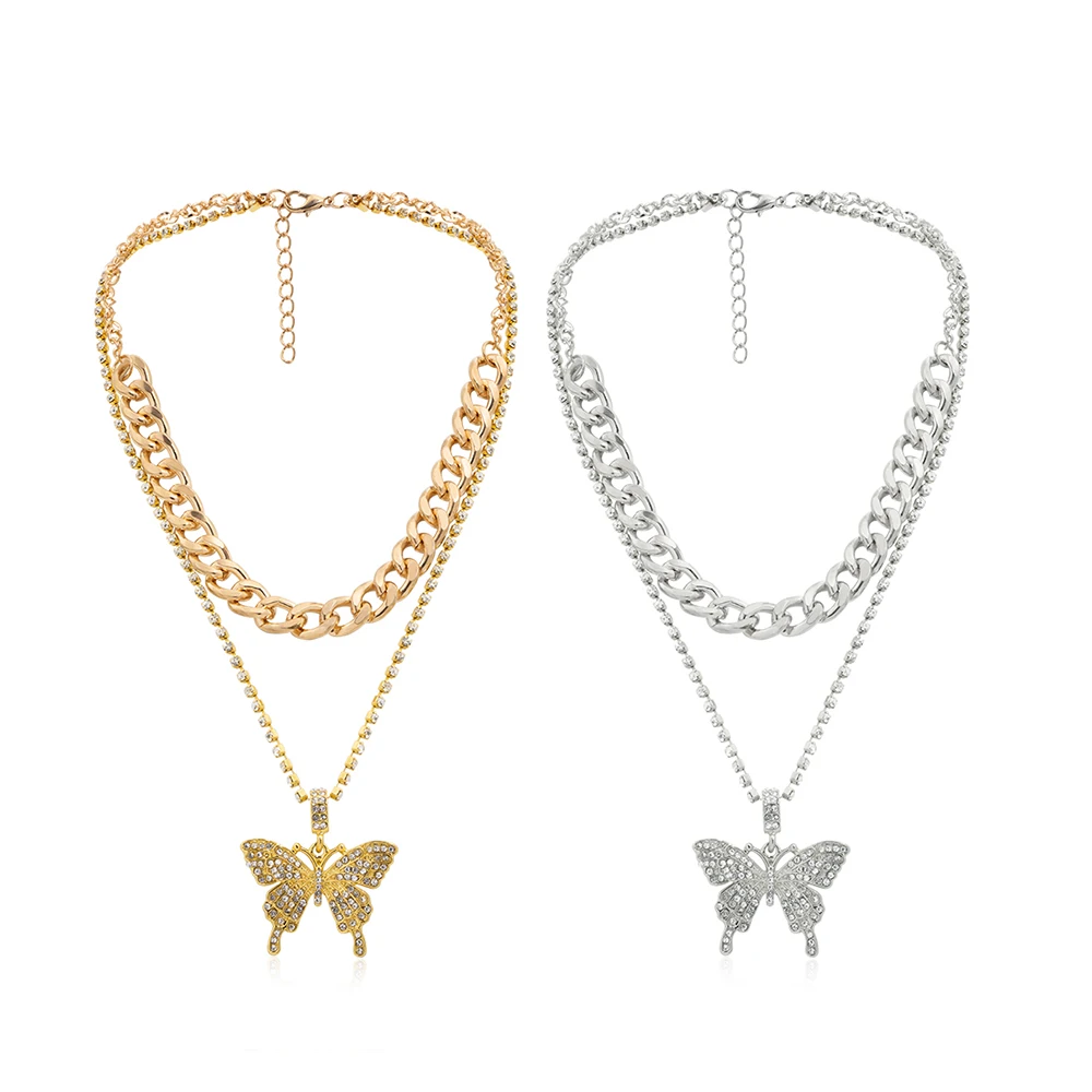 

Wholesale gold plated crystal chains with rhinestone accessories jewellery pendant butterfly jewelry 2 layered necklace