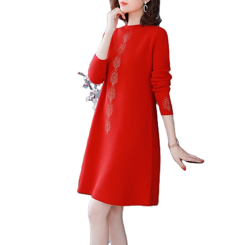 

Women's autumn loose long dress 2021 solid color drill O-neck knitted sweater dress women's long-sleeved casual dress women, Blue, brown, beige, red, black
