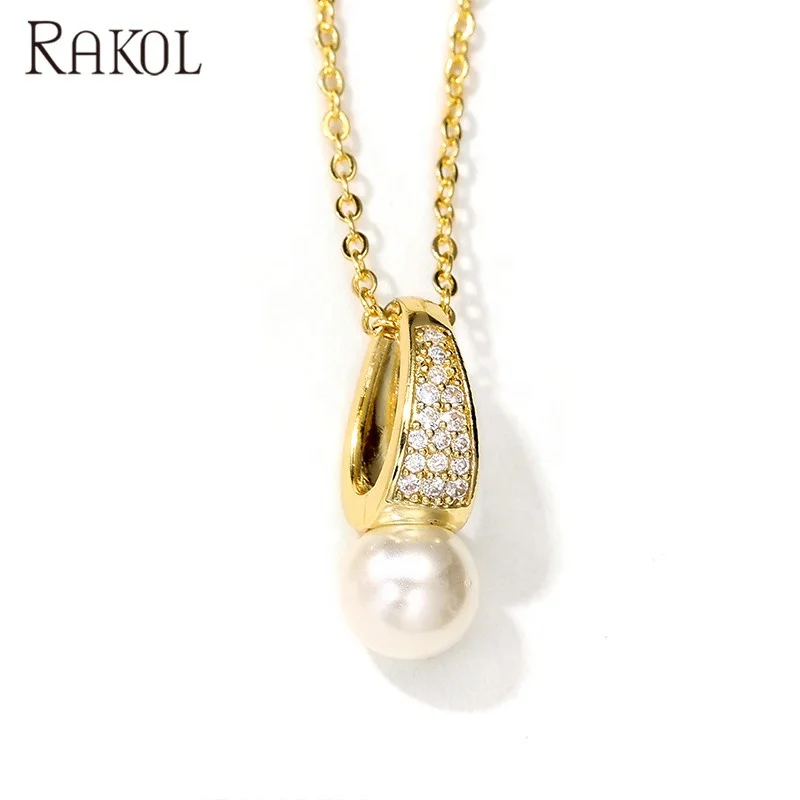 

RAKOL NP2152 Pearl pendent charm necklace CZ crystal healing Real gold plated chain necklace jewelry, Picture shows