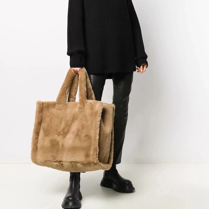 

Fashion shopper designer lady fluffy soft plush large tote hand bags warm winter sac luxury faux fur women handbags