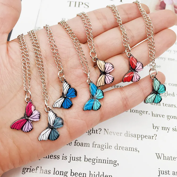 

Finetoo Trendy Multiple Colors Butterfly Necklace Thin Chain Colorful Pendant Necklace for Women Jewelry
