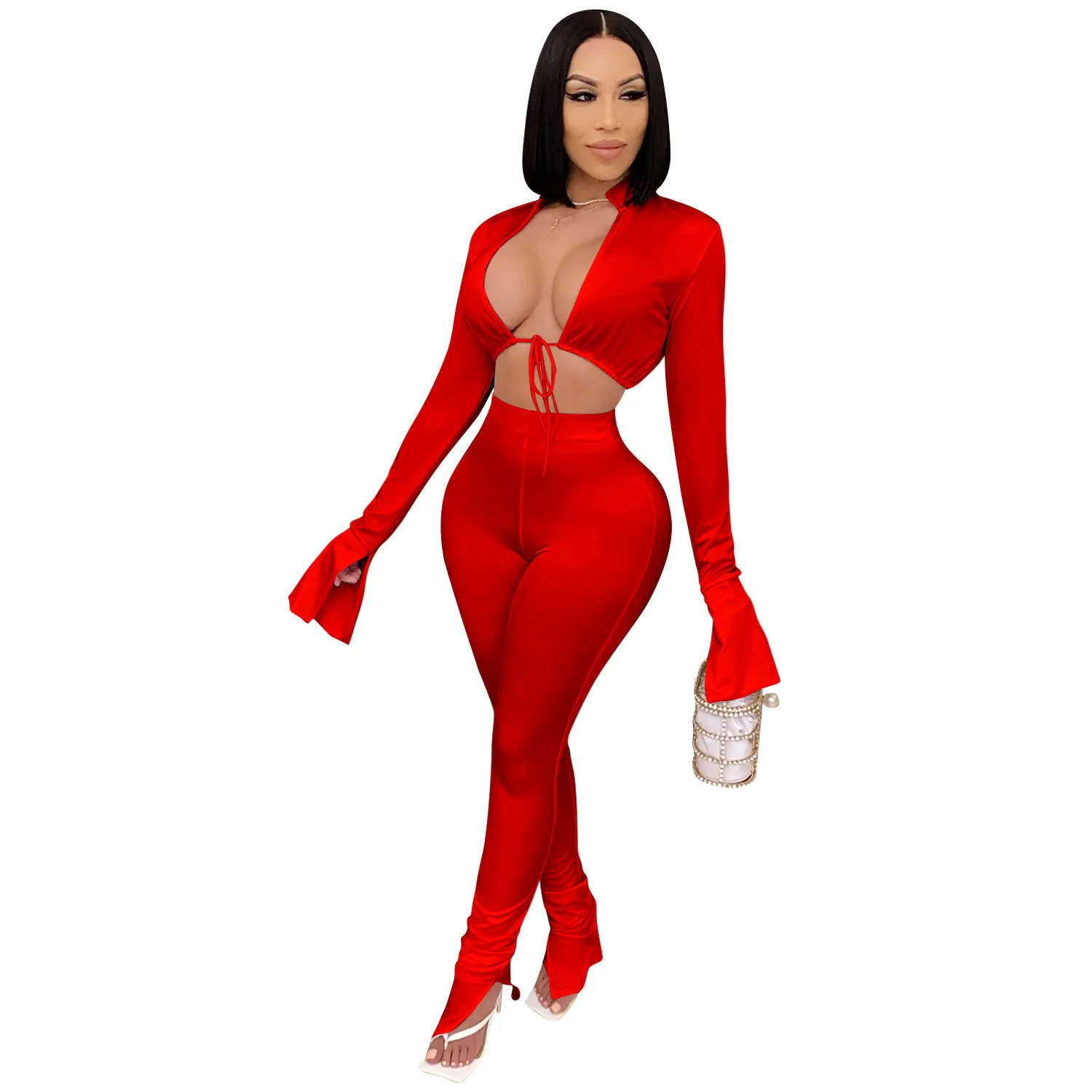

2020 New arrivals In Stock women sexy long sleeve top and pants slim ladies casual two piece set
