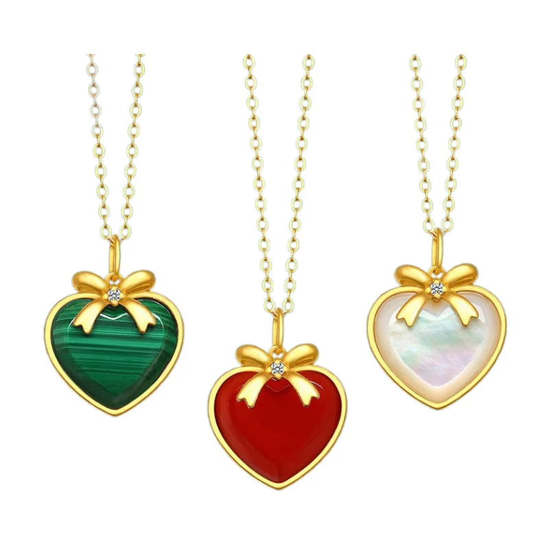 

Certified 18K Gold Love Heart With Diamond Agate Bow Pendant Au750 Partysu Choker Water Shell Gold Wholesale