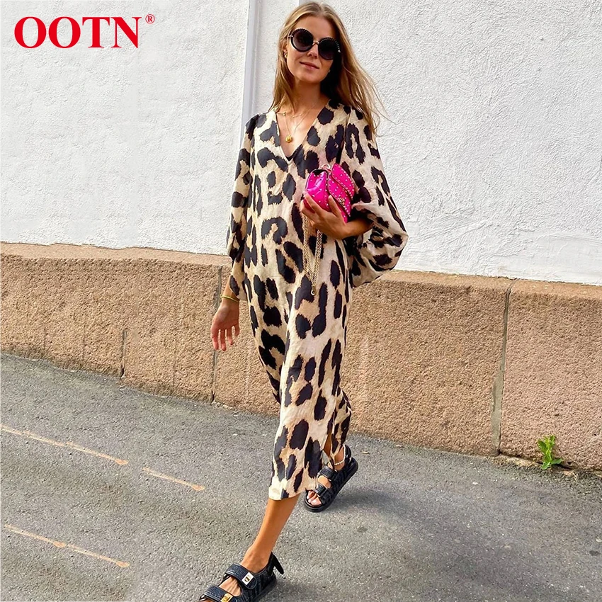 

OOTN Autumn Loose V-Neck Ladies Office Print Dress Mid-Calf Women Lantern Sleeve Split Midi Dresses Elegant Leopard Dress