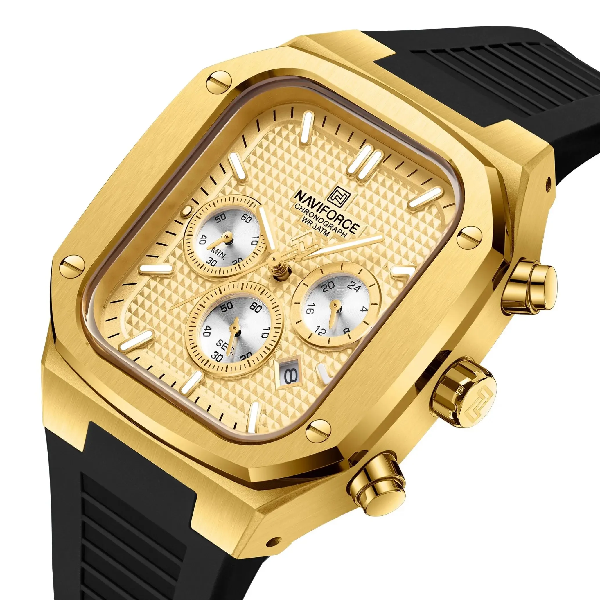 NAVIFORCE 8037 New Square Gold Watch for Men Sport Silicone Waterproof Luminous Multifunction Chronograph Quartz Watches Mens