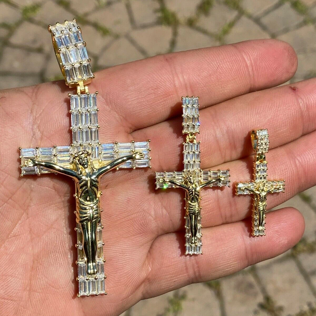 

Rectangle cubic zirconia cz iced out bling hip hop men 3 sized jesus cross pendant necklace