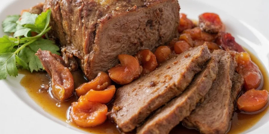 Sliced pot roast with gravy and veggies on plate