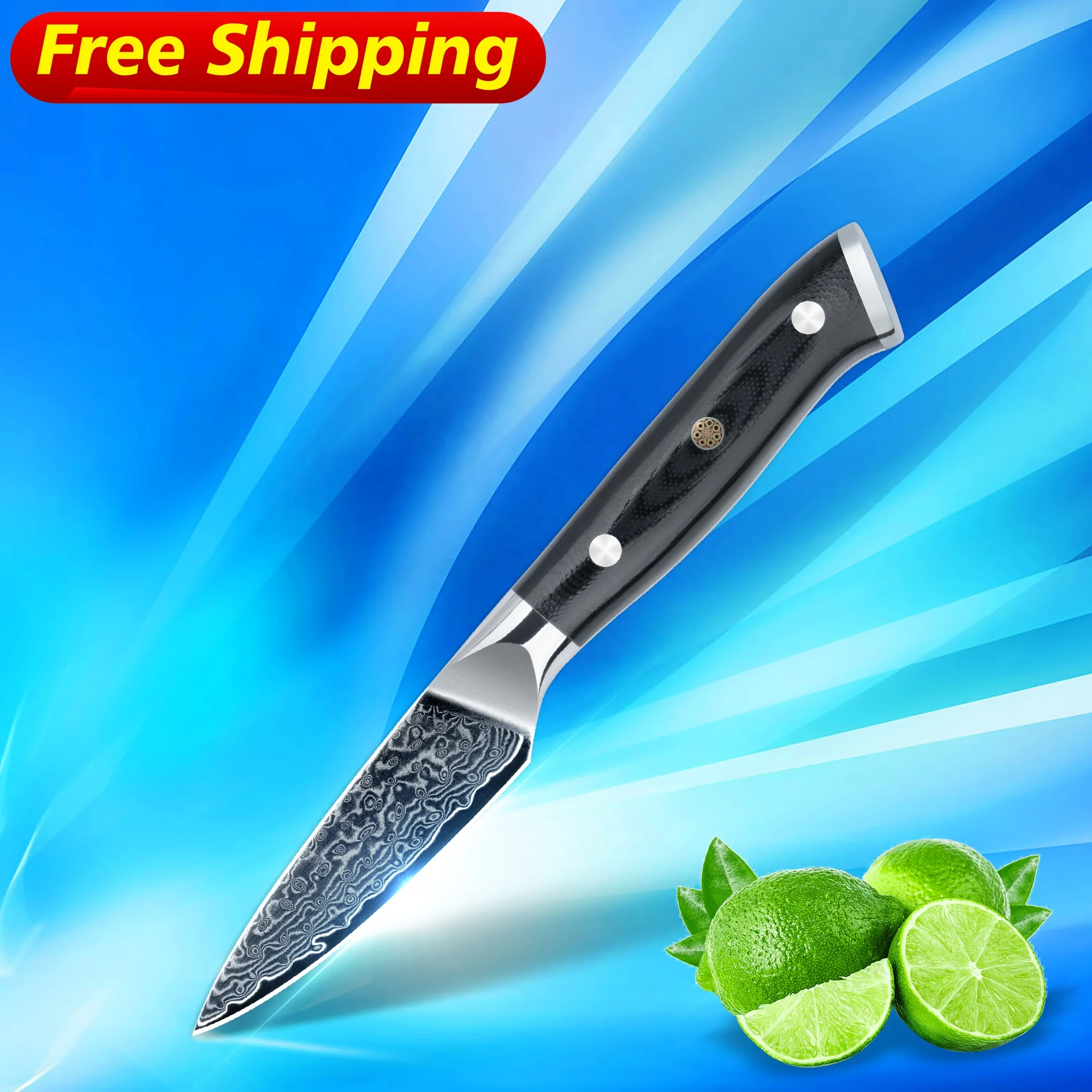 

Free Shipping orders over 100 pcs Damascus Series fruit knife paring knife damascus fruit knives with japanese vg10, Customized color