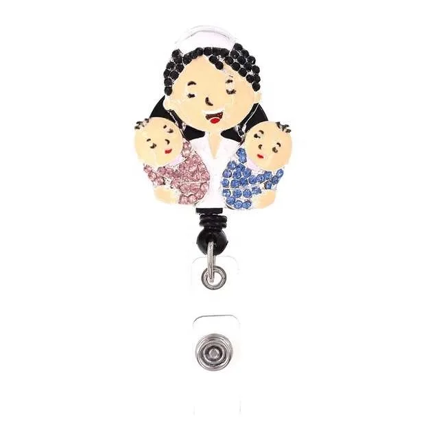 

Wholesale cute nurse holding baby rhinestone nurse retractable ID badge holder