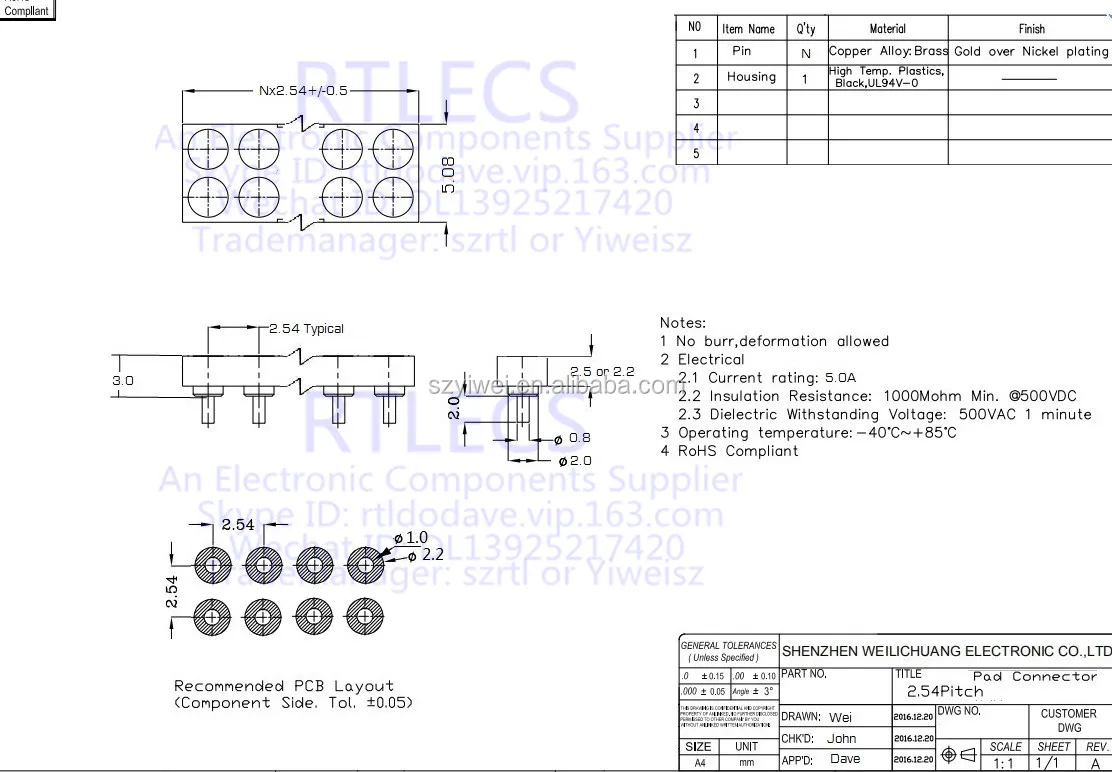 Dip Target Connector 2.54 Mm Pitch 2x4 Position 8 Pin 3.0mm Height