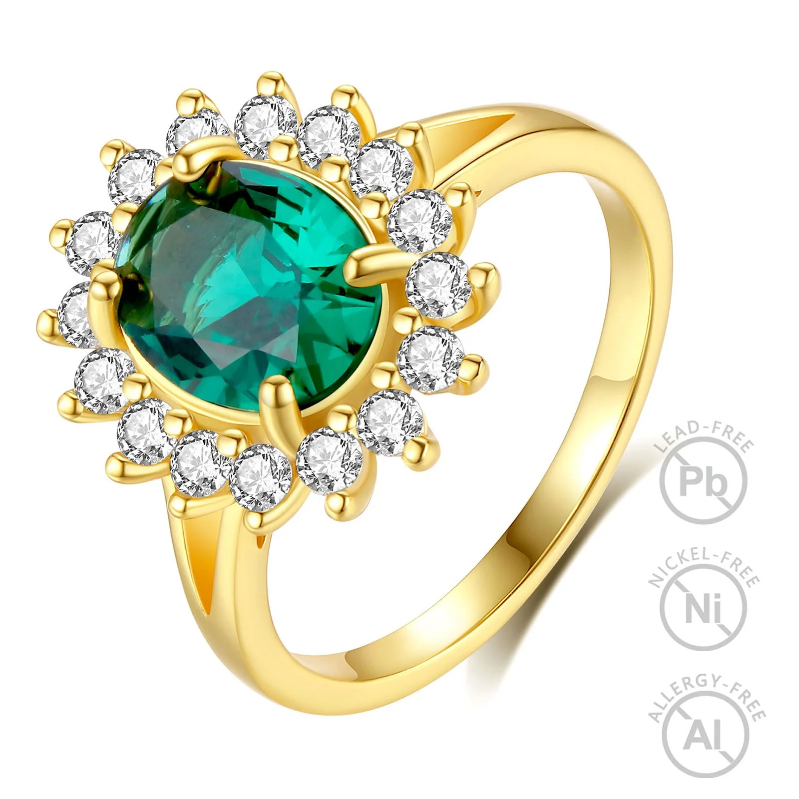 

925 Sterling Silver 18K Gold Plated Luxury Oval Shaped Green Cubic Zirconia Jewelry Emerald Rings for Women