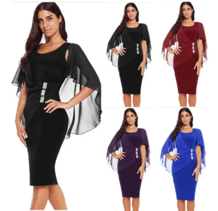 

elegant Big Women Short Sheath Royal Blue Mother Of The Bride Evening Dress Chiffon Cloak Knee Length Formal Lady's Dresses