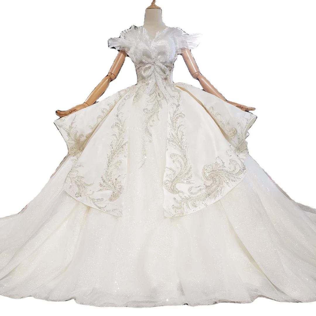 

Wholesale bridal ball gown heavy bead lace ball gowns luxury dress wedding dresses long train women fashion dresses, Custom made