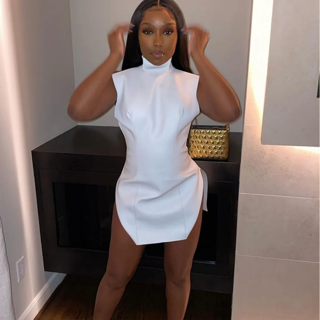 

X00761L 2020 Solid color slim dress + High slit sexy PU leather slim back zipper dress, 3 colors