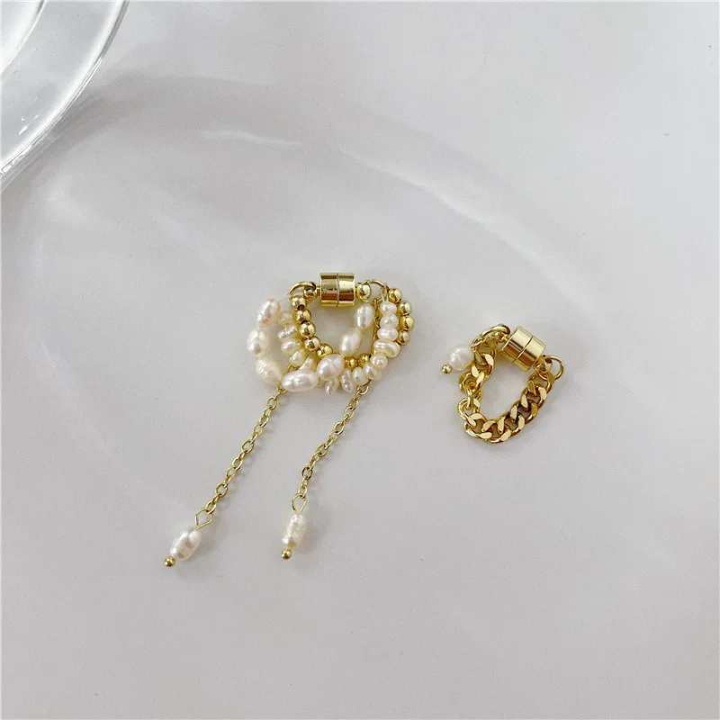 

Vershal A3-255 Korean Style Elegant Natural Freshwater Pearl Tassel Magnet Ear Clip Gold Plated Earrings