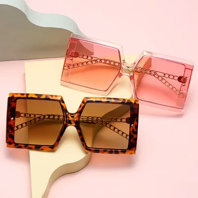 

Hot selling Eyewear 2022 Women Luxury Glasses Metal Frame Oversized Square Fashion Sunglasses With Chain, Champagne;pink;gray;black;tan;tawny;brown;beige;purple