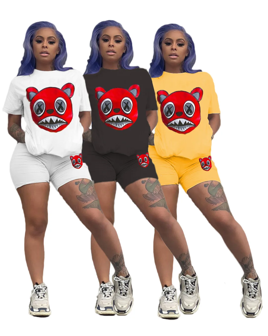 

3 colors women clothing plus size cartoon print casual outfit two piece outfit 2 piece short sets