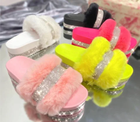 

Crystal Diamond Winter High Heel Bright Color Women Lady Fashion Fur Slippers