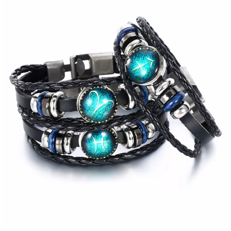 

Fashion 12 Zodiac Designs leather braided Bracelet for gift