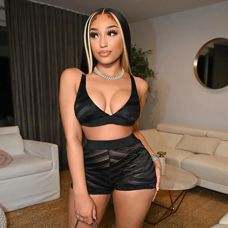 

2022 Spring Sexy Mesh Crop Top and Short Pants Halter Two Pieces Set For Women