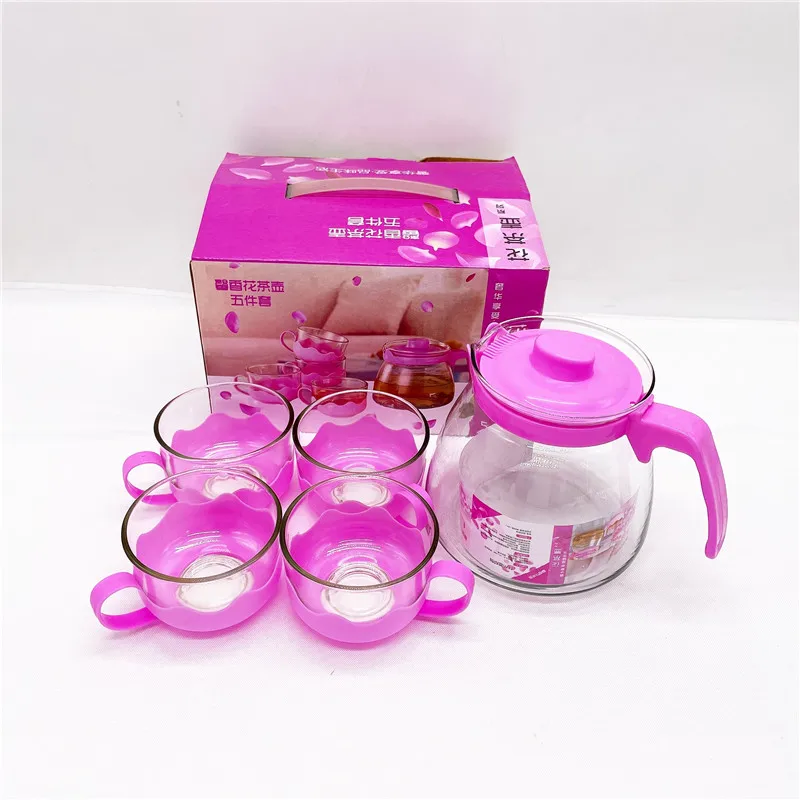 

Promotional top quality household large capacity thermal insulation pink teapot 5pcs set