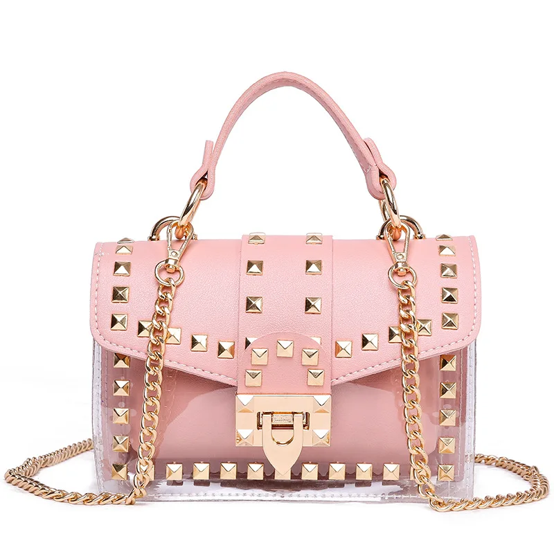 

Hot 2020 Wholesale Candy Color Luxury Clear PVC Handbag Rivet Jelly Transparent Tote Purses for Women