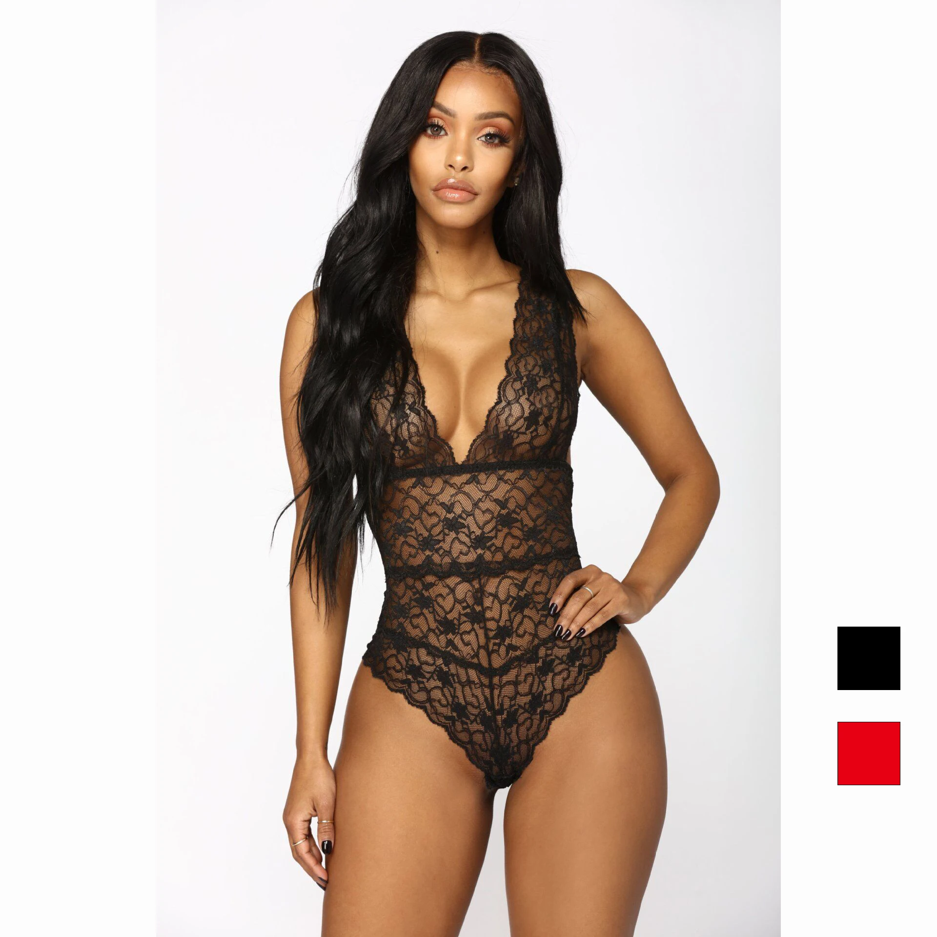 

2021 Hot Selling Transparent Mesh Lace One Piece Cupped Women Sexy Lingerie Set, Red,black