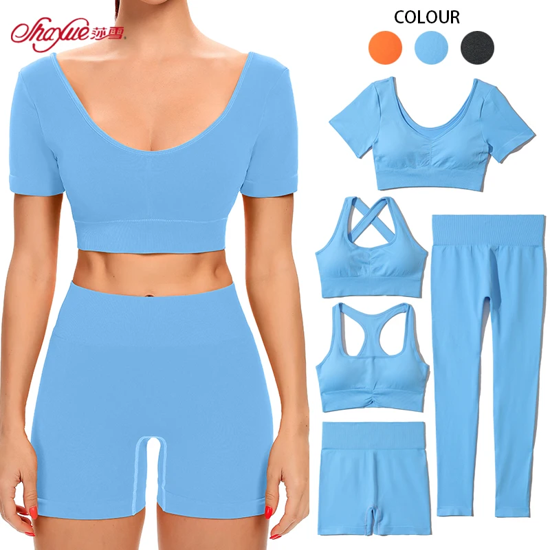 

Wholesale Yoga Sport Wear Clothing Short Long Sleeve Crop Top Seamless 5 Piece Set Gym Fitness Sets Women Sportswear Sets