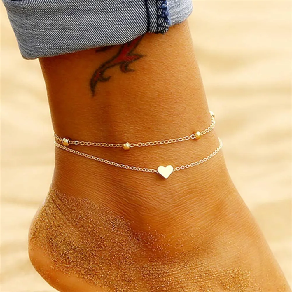 

Multi Layers Adjustable Stainless Steel Beads Heart Ankle Bracelet Beach Barefoot Stainless Steel Heart Anklets for Women