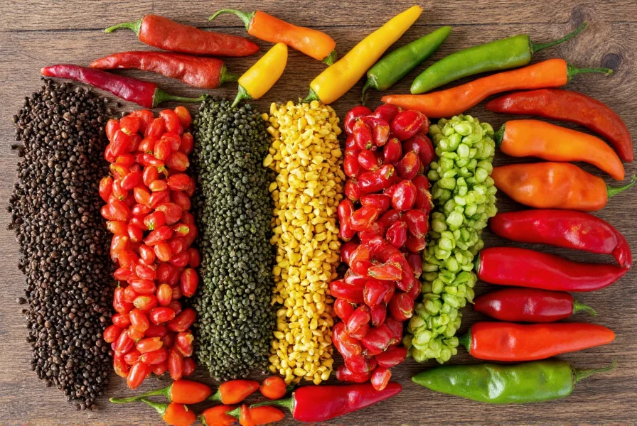 Colorful arrangement of different pepper varieties including black peppercorns, red bell peppers, and various chili peppers on a wooden table