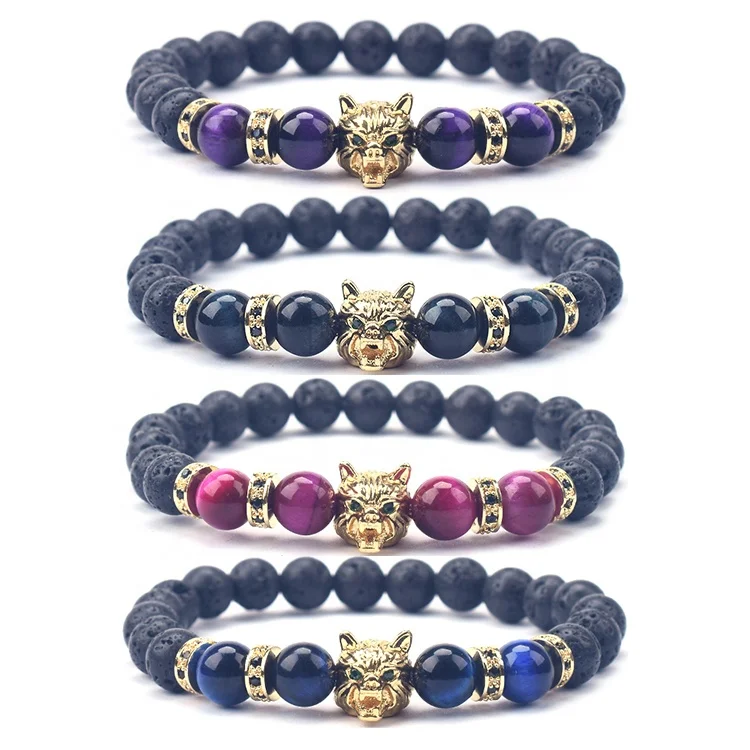 

New Design High Quality Lava Stone Beads Gemstone Bracelet CZ Pave Wolf Head Charm Beaded Adjustable Stretch Bracelet Men