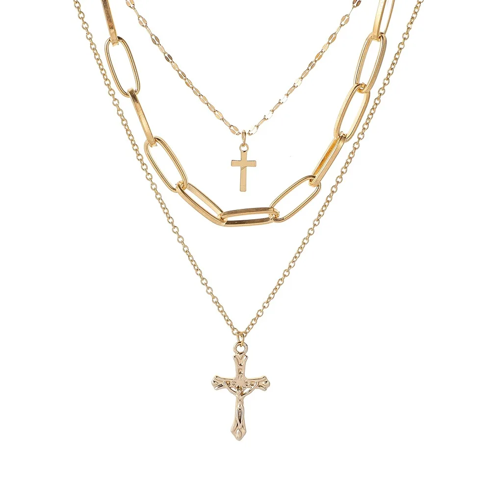 

Fashion Multi Retro Layer Alloy Chain Choker for Women Sexy Charm Pendant double Gold Plated Jesus Cross Necklace Jewelry