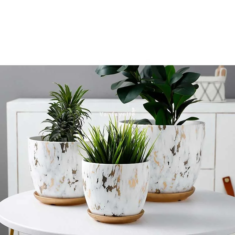 

7" Flower Pots Cheap Ceramic Pots and Planters Outdoor Ceramic Pots with Saucer, Golden marbling