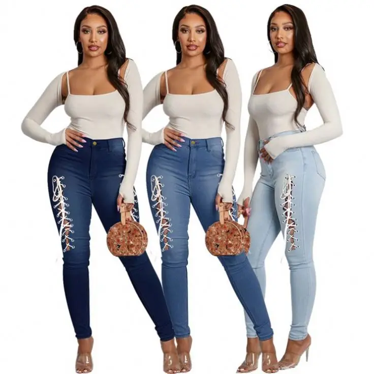 

PEARL Fashionable pantalones vaqueros Holes Rope Women Fashion Clothing Woman Jeans 2021 Ladies Jeans