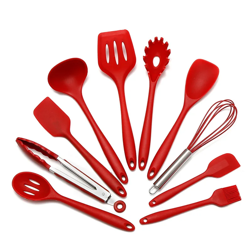 

10PCS Food Grade Cooking Utensils Set Heat Resistant Non-Stick Cooking Utensils With Storage Box Silicone Kitchenware, Black, red