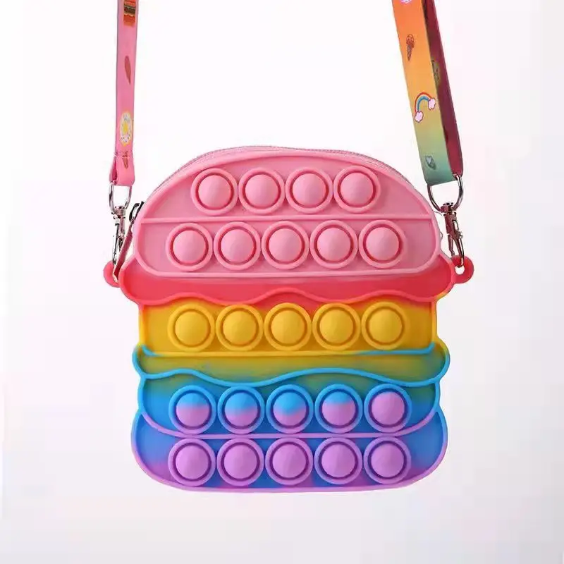 

pop hamburger shape ladies bag 2021 shoulder bag silicone hippie boho shoulder bag fidget hamburger pop it purse for cell phone, Multi color or oem