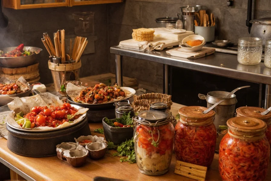 Traditional Korean kitchen setup showing gochugaru containers, kimchi jars, and cooking utensils