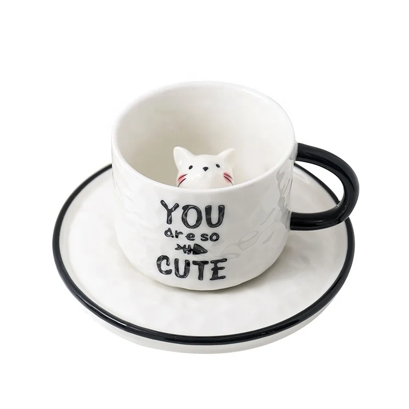 

Lelyi Creative Cat Embossed 3D Animal Ceramic Mug Household Coffee Cup and Saucer Milk Cup, 4 colors available