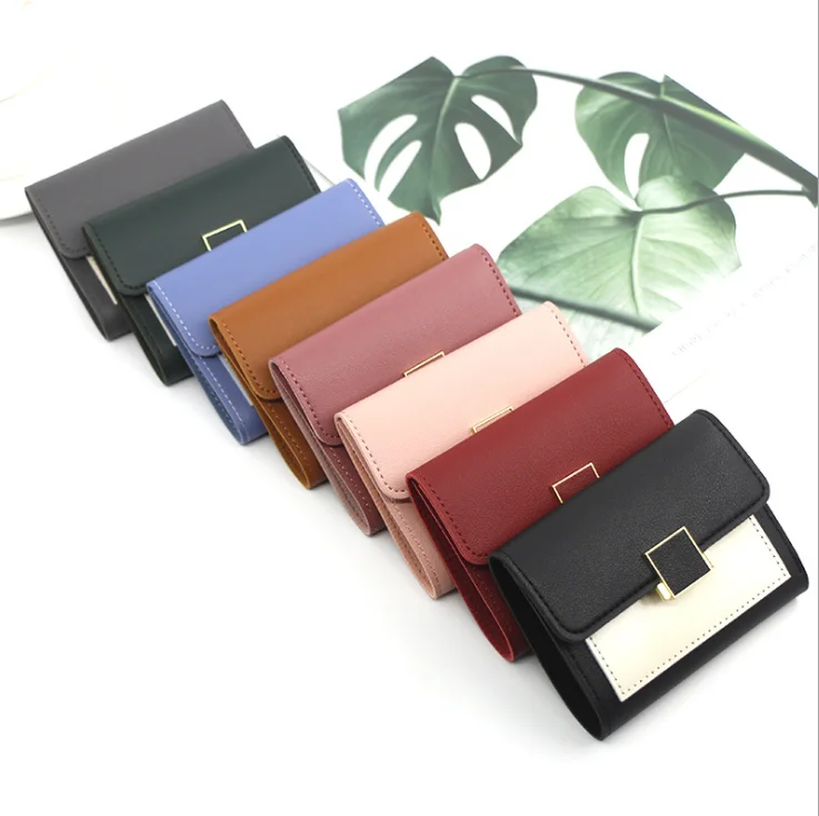 

New Contrast Color Womens Coin Purse PU Leather Card Wallet Holders Multifunction Three Fold Short Wallet For Women Fashionable, Light pink/ red/ dark pink/ blue/ green/ grey/ black/ brown