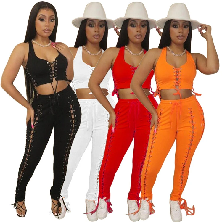 

M9837- 2021 new arrivals lace up crop and pants 2 piece set women clothing