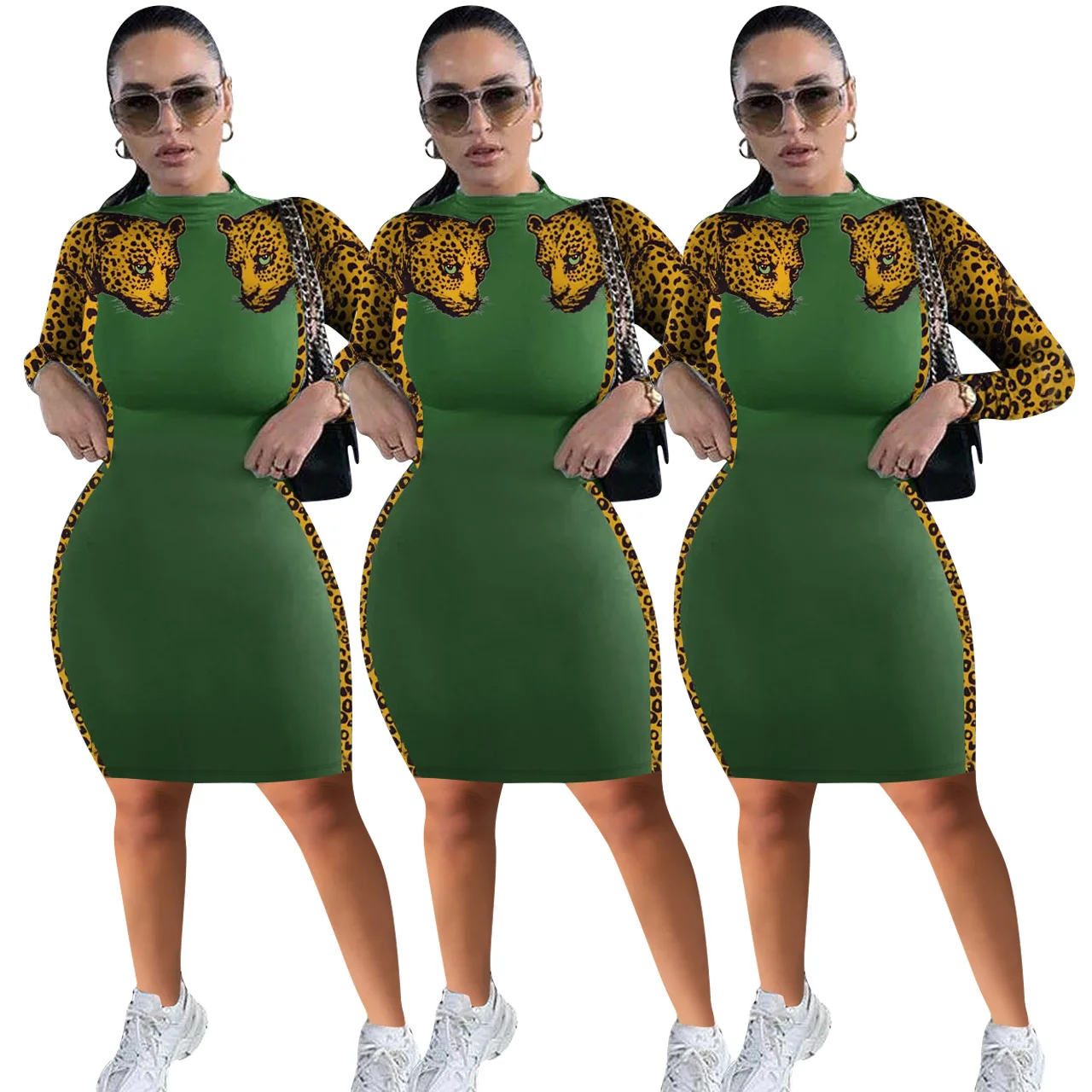 

Wholesale hot sales Green casual women's dress Leopard Long Sleeve Dresses african dress women